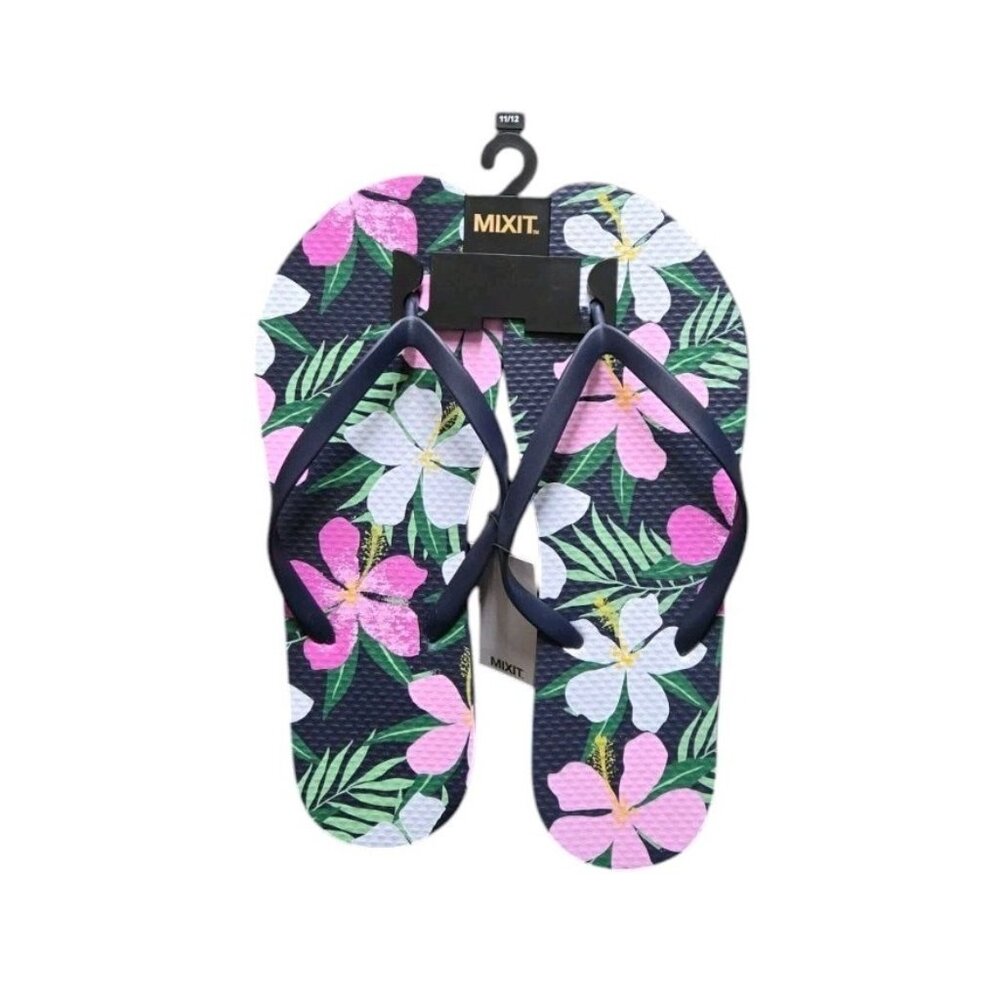 MIXIT Womens Size 11/12 Flip Flops Sandals Blue Floral Comfort Summer Beach Pool